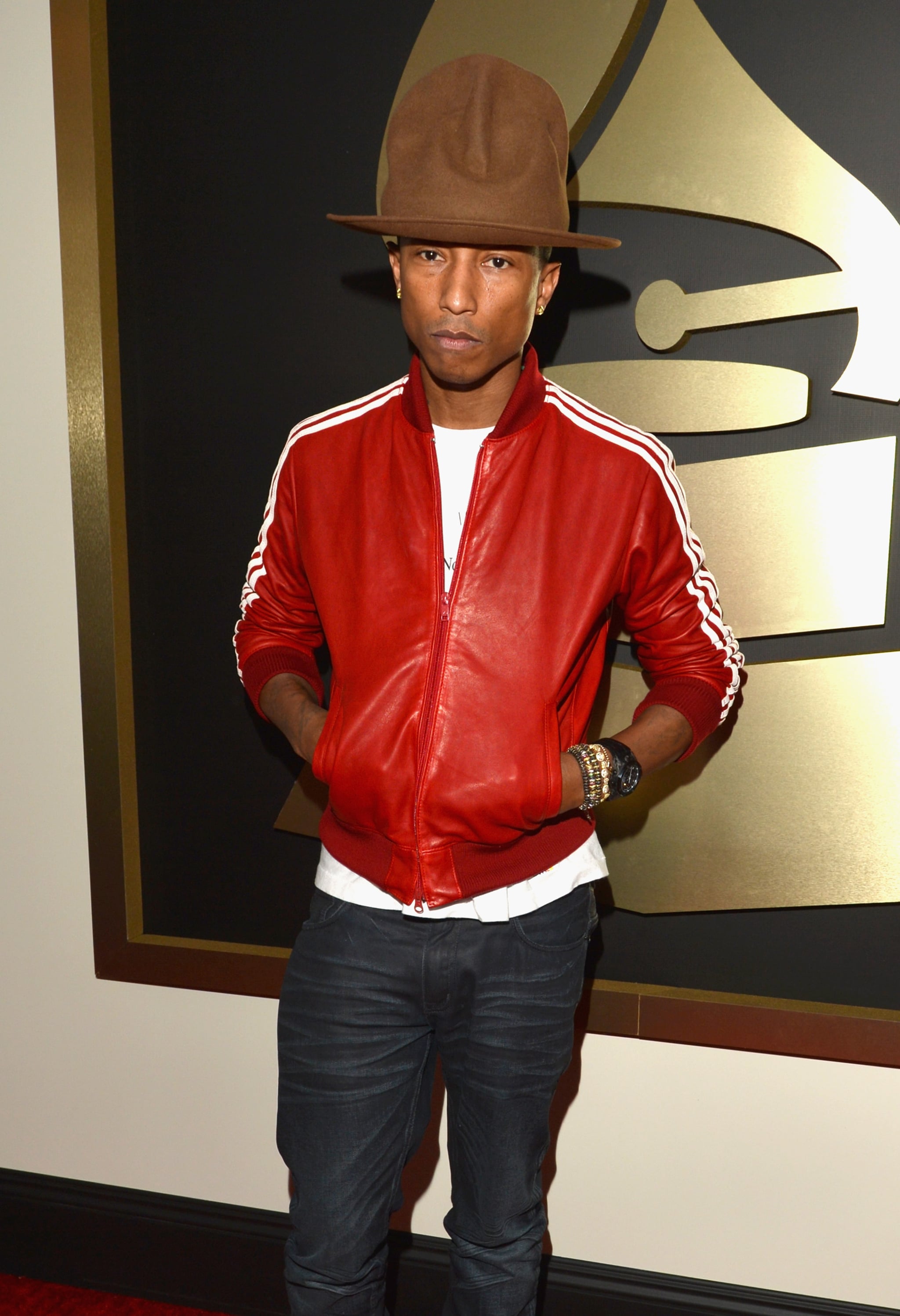Pharrell Williams Grammys Awards Red Jacket