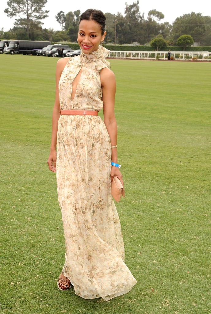 For a 2011 Santa Barbara polo match, Zoe Saldana chose a high-neck floral Chloé dress, Valentino heels, and a Lanvin clutch.