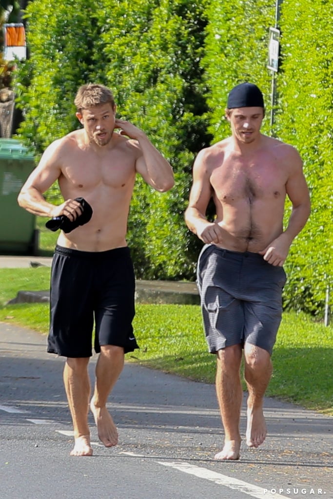 Shirtless Charlie Hunnam and Garrett Hedlund in Hawaii 2018