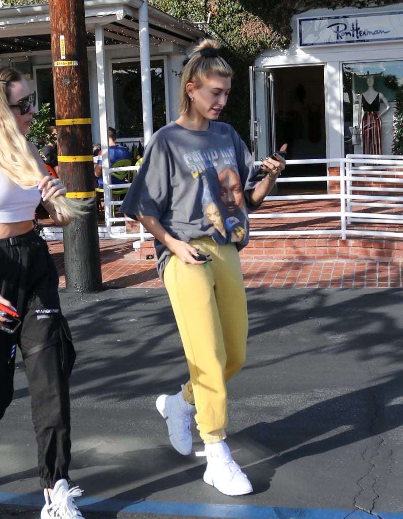 Hailey Baldwin Snoop Dogg Shirt and Yellow Sweatpants