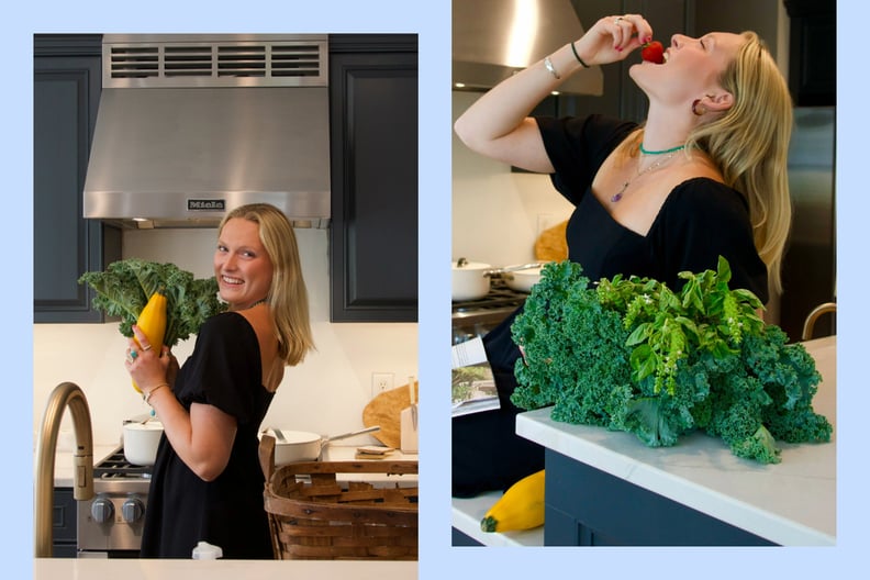Young woman with celiac disease posing with kale and squash in the kitchen.