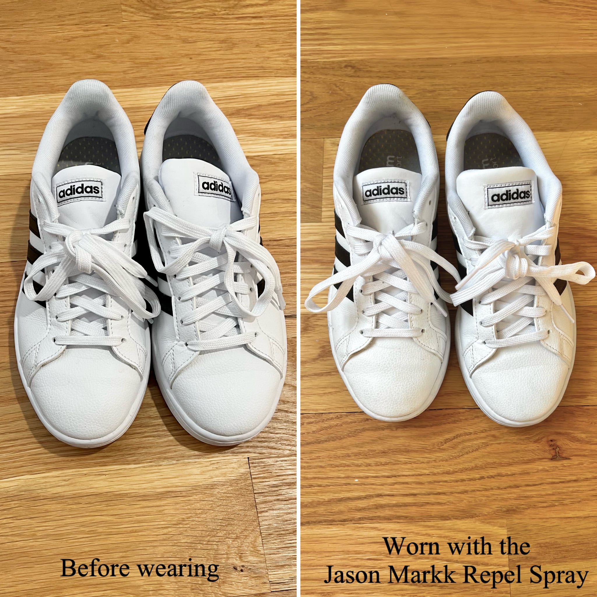 On the left is a pair of brand new white Adidas sneakers and on the right is the same pair worn around after spraying the Jason Markk Repel Spray.