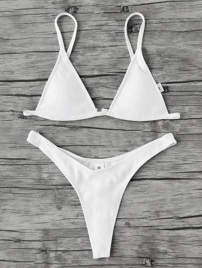 Romwe High Leg Triangle Ribbed Bikini Set | Bella Hadid in White Thong ...