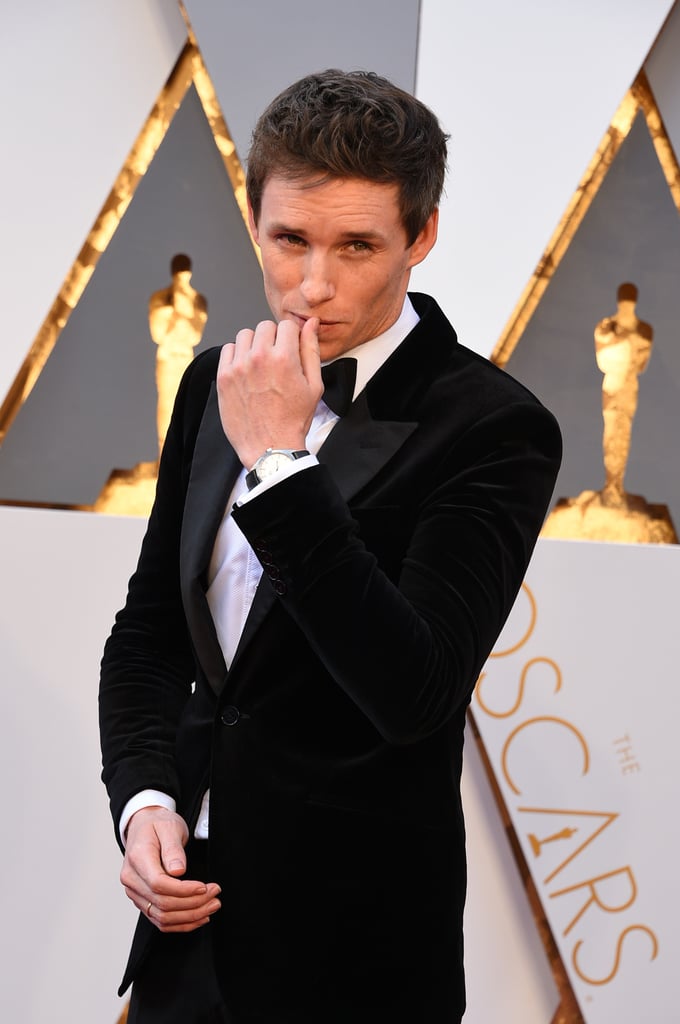 Eddie Redmayne steamed up the red carpet at the Oscars on Sunday night. The  Danish Girl actor looked dapper in a black avelvet tux and was accompanied by his gorgeous (and pregnant) wife, Hannah Bagshawe. Eddie, who's showed off his signature charm all award season long, is nominated for best actor for his role in The Danish Girl. Keep reading for more of his night, and then check out all the Oscar nominees.