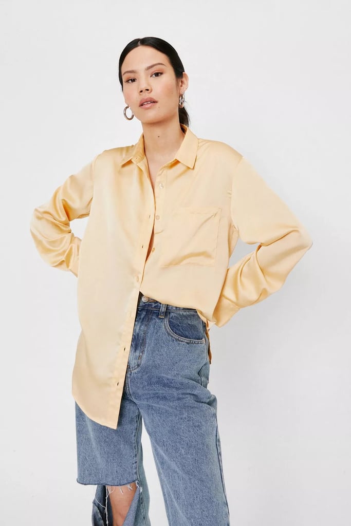 An Effortless Top: Nasty Gal Satin Oversized Long Sleeve Pocket Shirt