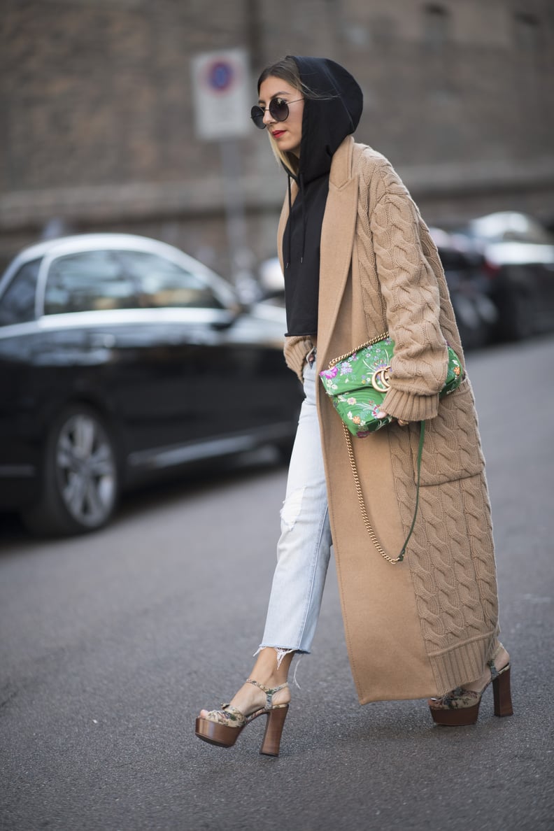 Cropped Hoodie + Long Oatmeal Trench Coat