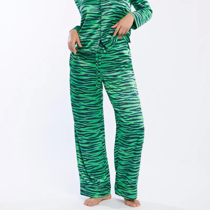 Curves Dark Green Satin Trouser Pyjama Set with Leopard Print