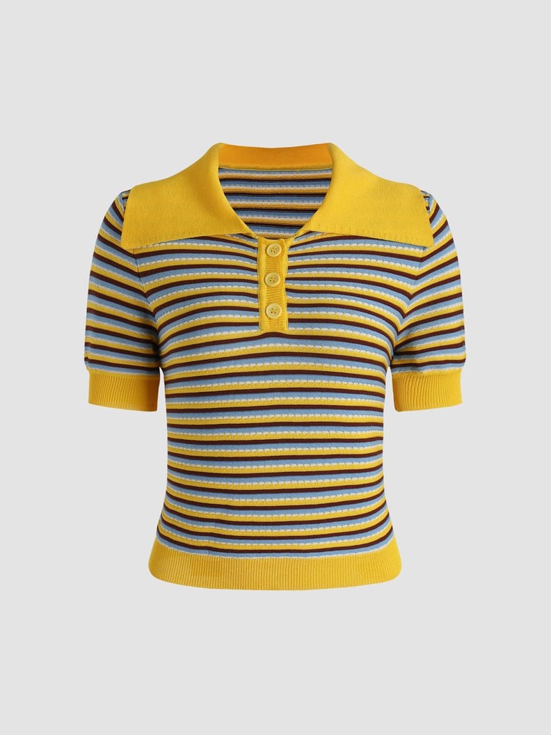 Cider Pastel Yellow Stripe Collared Knit Crop Top