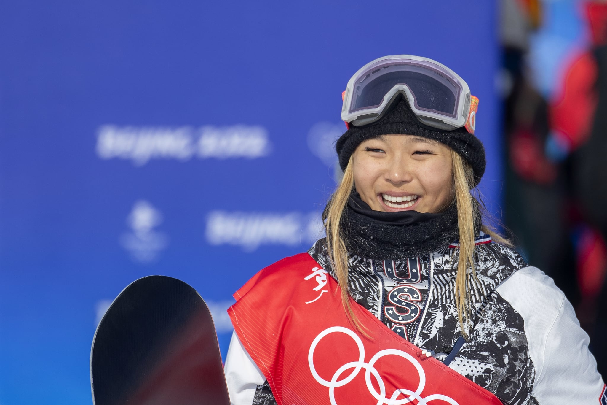 BEIJING, CHINA - February 10: Chloe Kim of the United States after winning the gold medal in the Women's Snowboard Halfpipe Final at Genting Snow Park during the Winter Olympic Games on February 10th, 2022 in Zhangjiakou, China. (Photo by Tim Clayton/Corbis via Getty Images)
