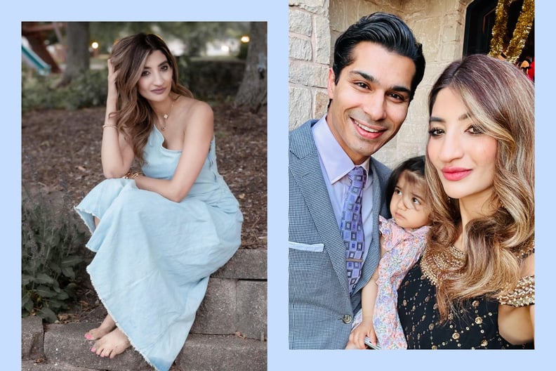 Two side-by-side photos of an Indian woman in a blue dress and another photo with the same woman wearing a black and gold dress, holding her small daughter beside her husband.
