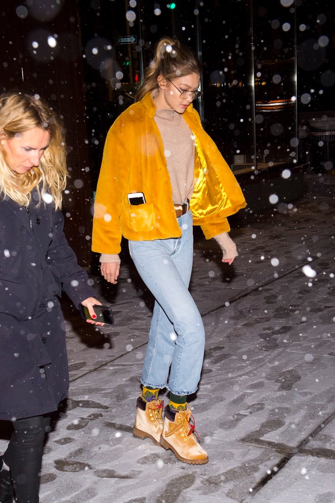 Gigi Hadid Yellow Furry Coat
