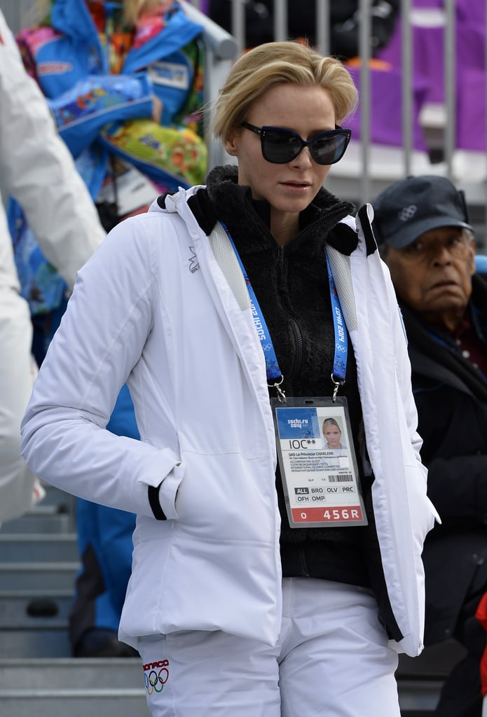 Charlene attended the Alpine skiing event at the Winter Olympics in Sochi in 2014, rocking this white puffer and matching pants.