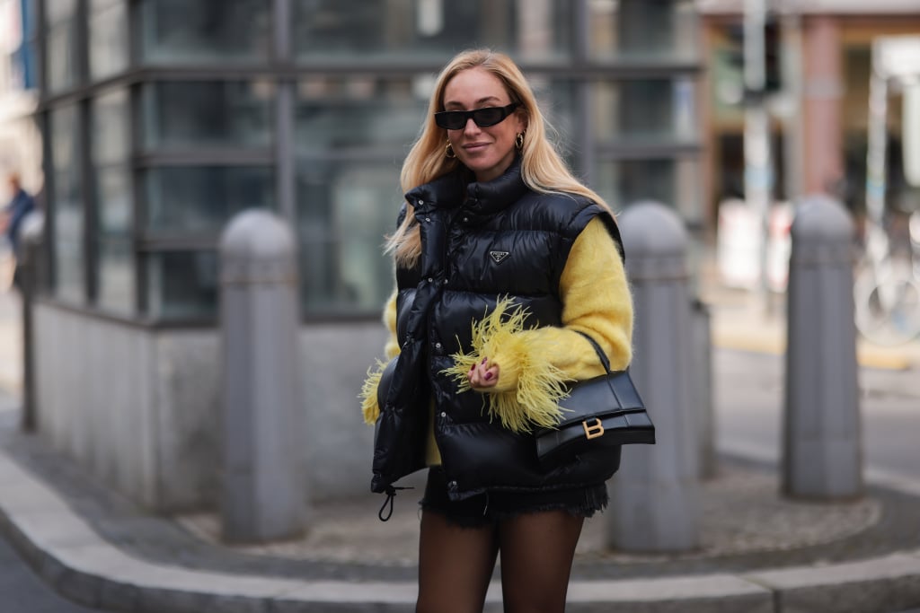 Style a Feathered-Sleeve Sweater Under a Puffer Vest