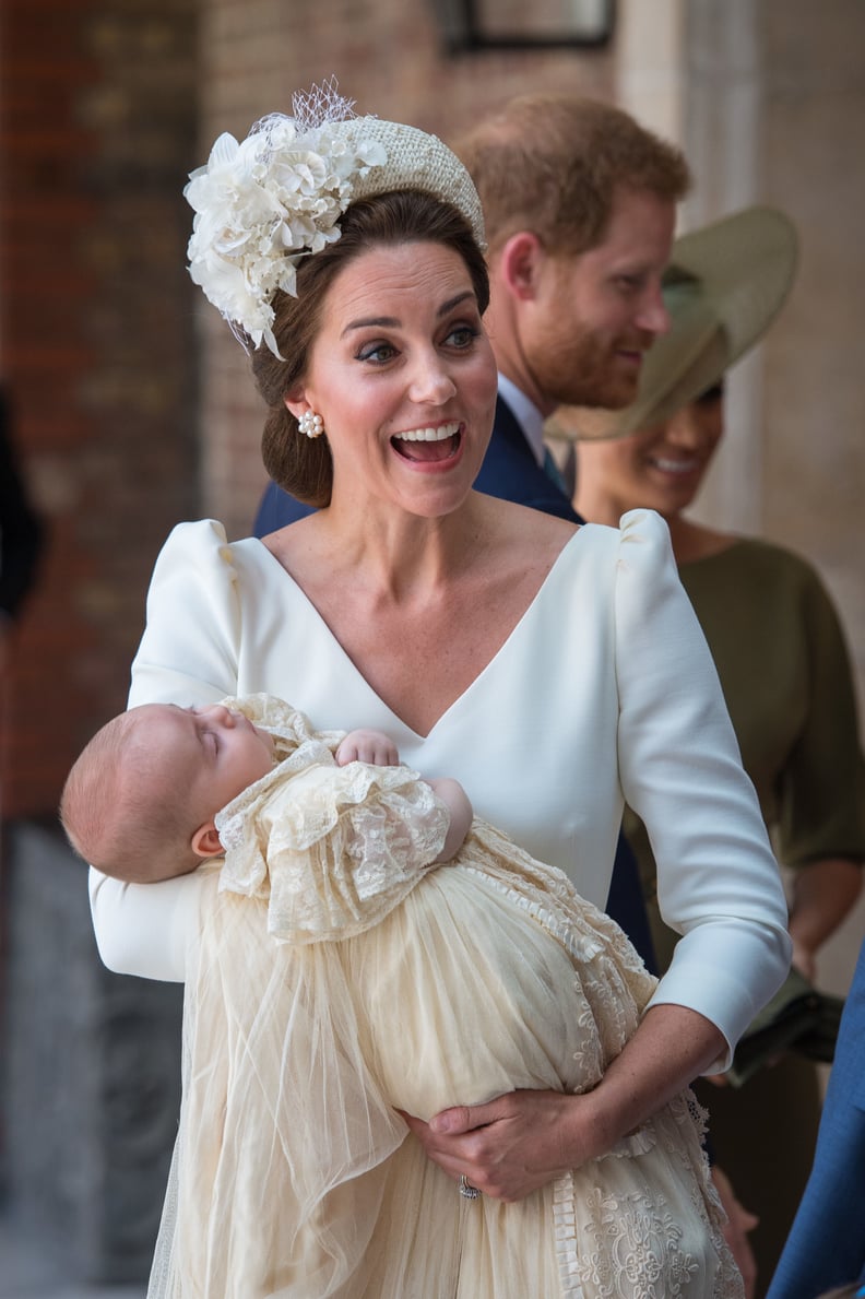 LONDON, ENGLAND - JULY 09: Catherine, Duchess of Cambridge carries Prince Louis of Cambridge at his christening service at St James's Palace on July 09, 2018 in London, England. (Photo by Dominic Lipinski - WPA Pool/Getty Images)