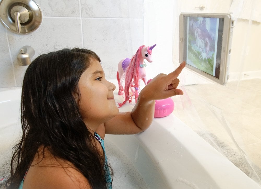 Since the touchscreen works, kids can even play games in the tub!