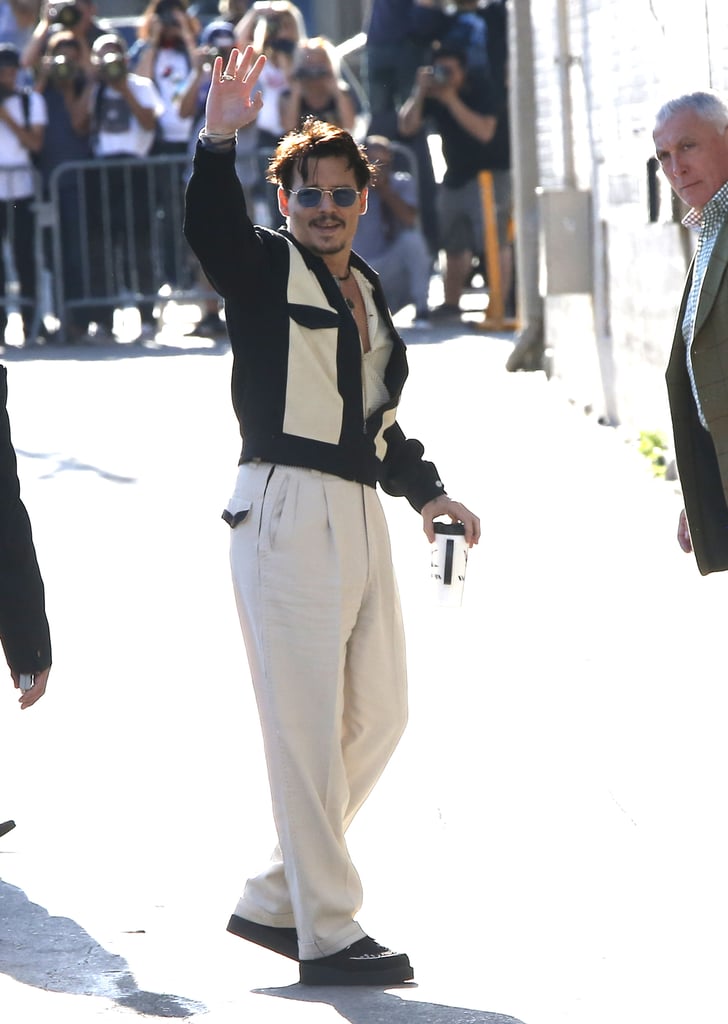 Johnny Depp gave fans a wave when he arrived at the set of Jimmy Kimmel Live in LA on Monday.