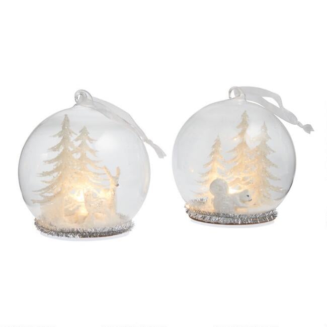 Glass Cloche Snowy Scene LED Light Up Ornaments