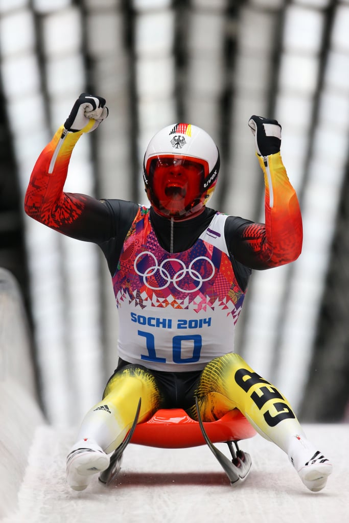 Felix Loch of Germany celebrated after taking the top spot in the men's luge singles.