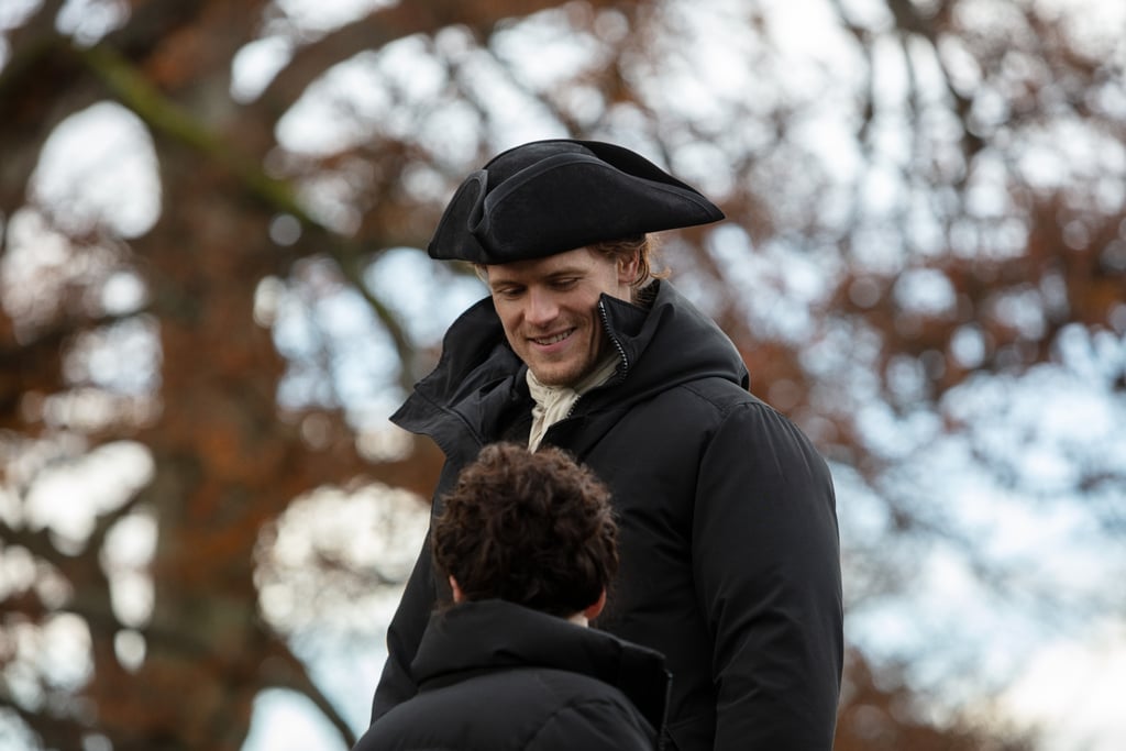 Heughan all bundled up while filming some of season four's scenes in early America.