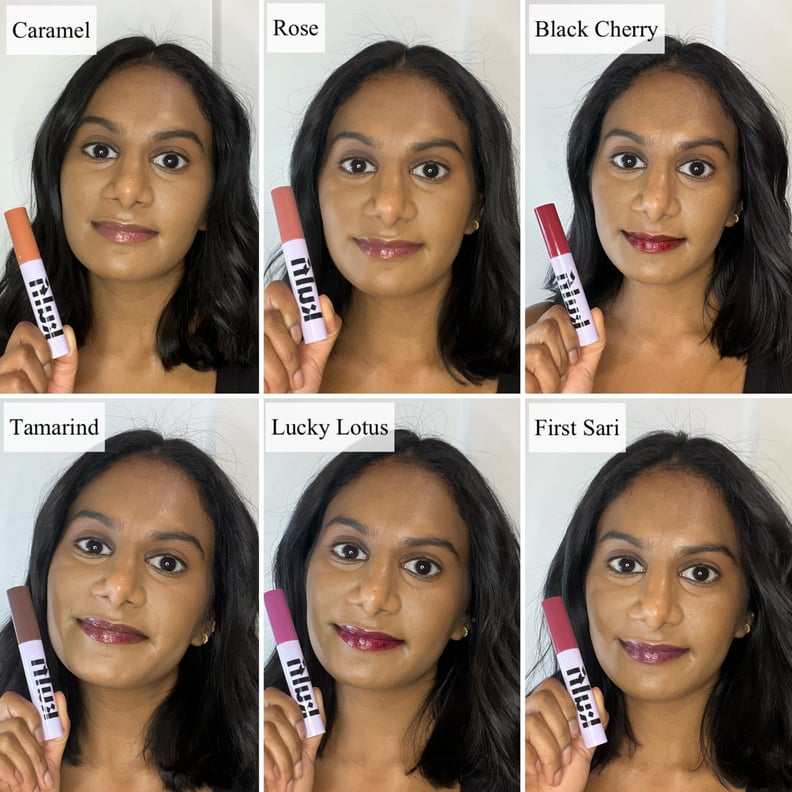 Swatches of the Kulfi Lassi Lips Staining Lip Oil on tan skin.