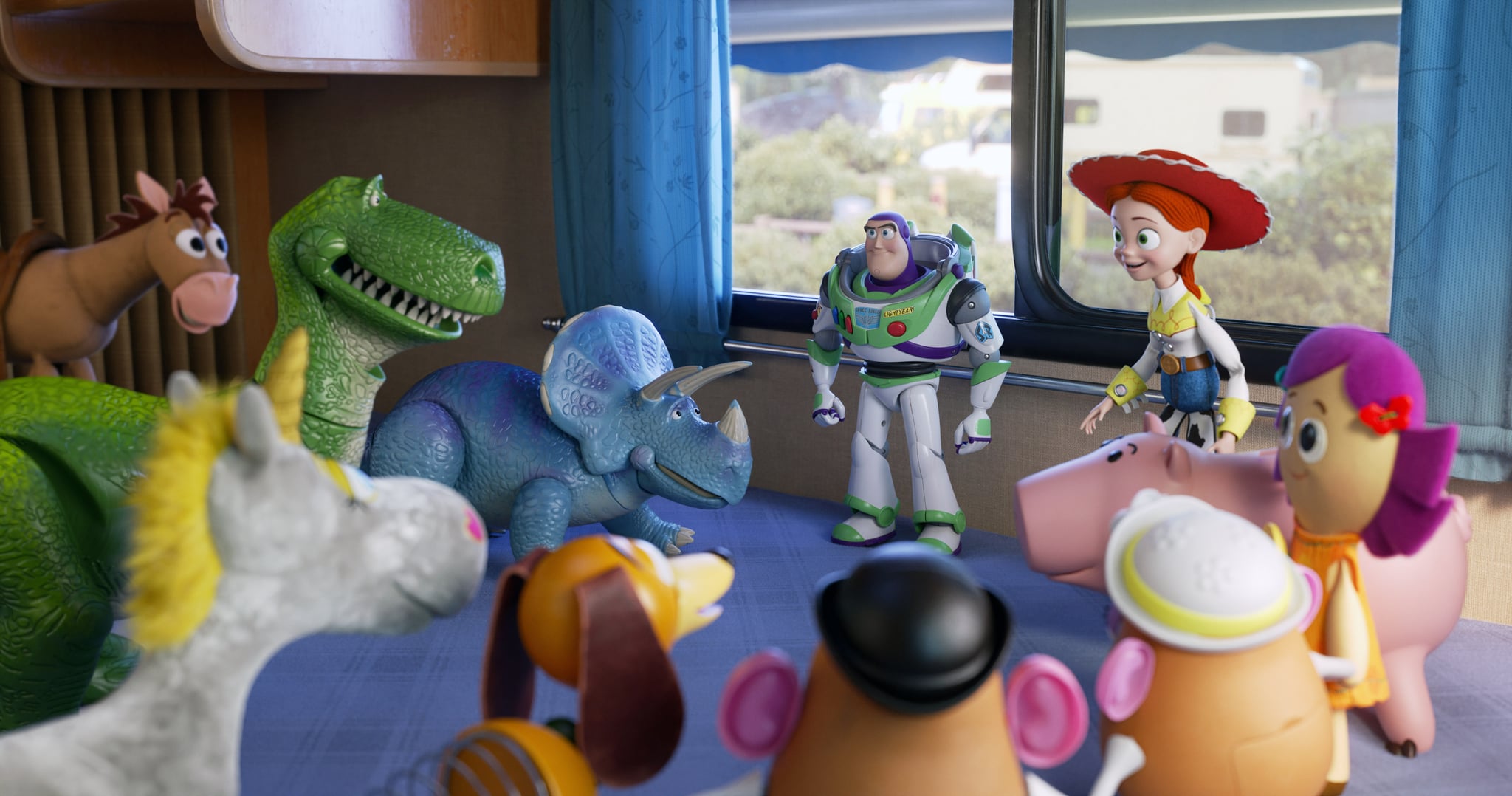 TOY STORY 4, rear from left: Bullseye, Rex (W. Shawn), Trixie (K. Schaal), Buzz Lightyear (T. Allen), Jessie (J. Cusack), Hamm (J. Ratzenberger), Dolly (B. Hunt), 2019.  Walt Disney Studios Motion Pictures / courtesy Everett Collection