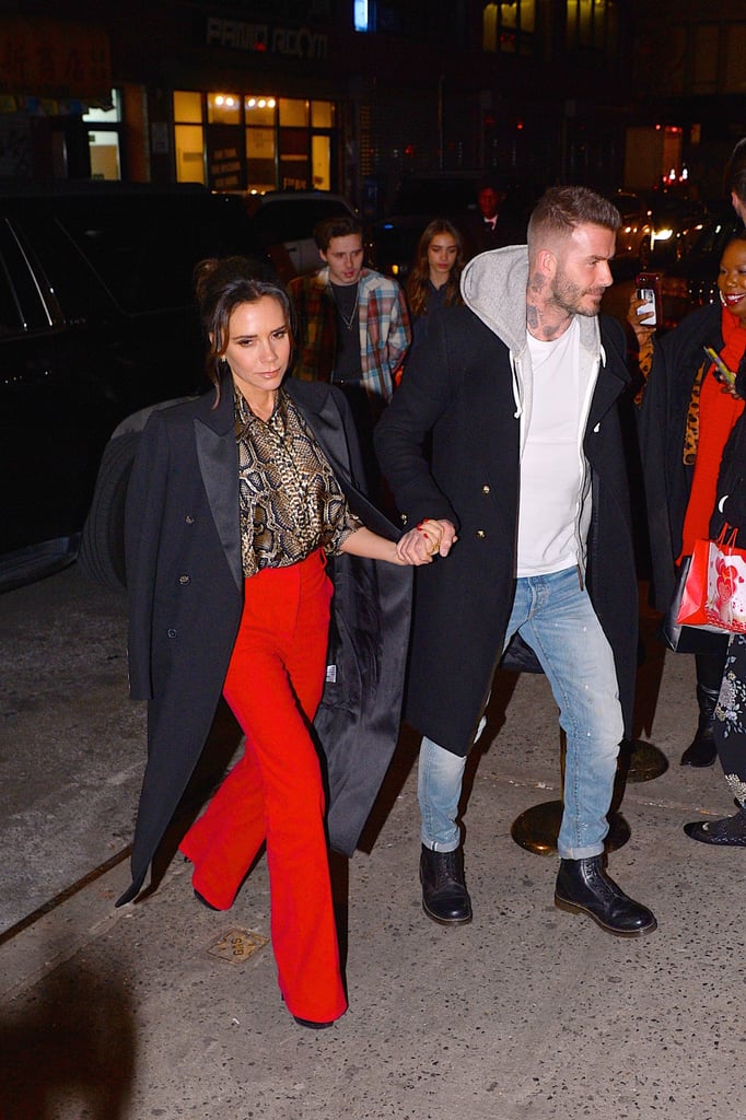 Victoria Beckham Red Pants and Snakeskin Blouse January 2019