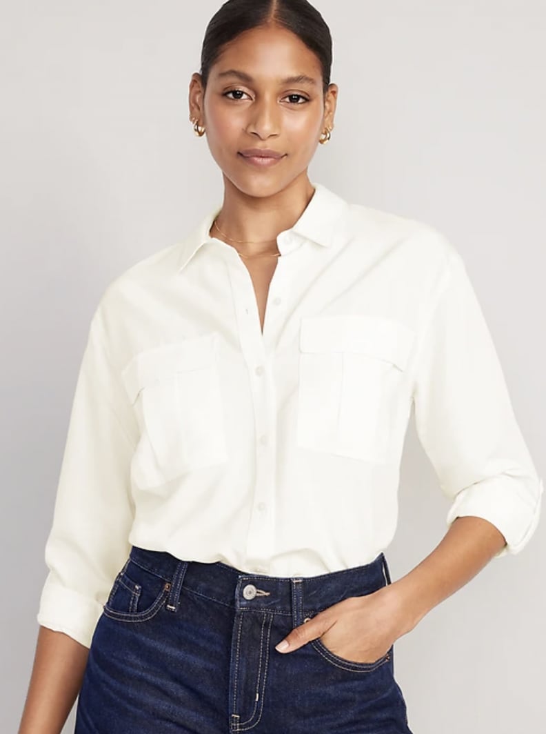 Women's Long Sleeve Button-Down Cropped Shirt - Universal Thread Navy Blue M