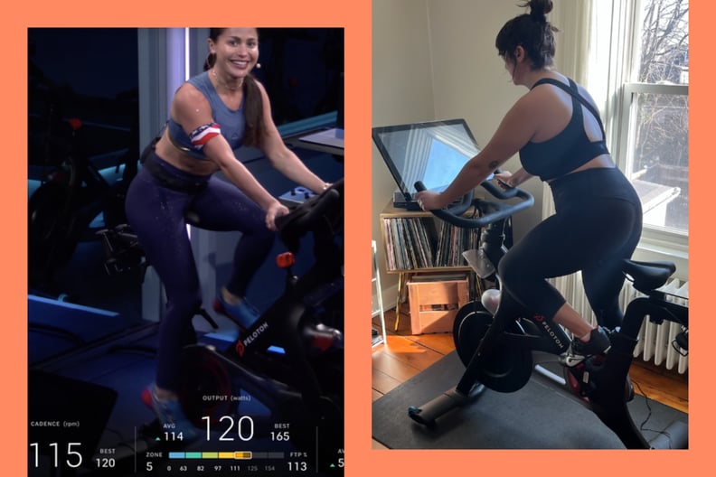 Danielle Zickl on her Peloton bike doing Power Zone workouts.