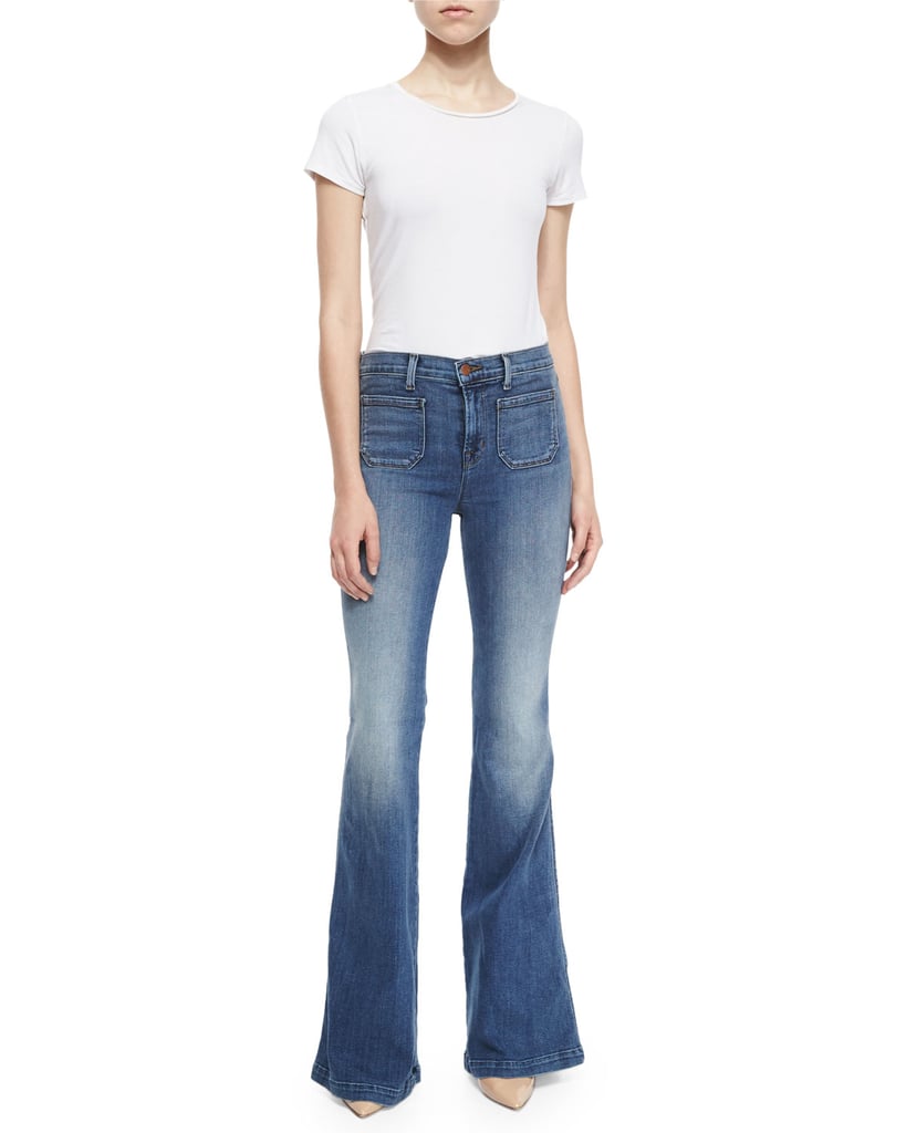 high rise dark wash flare jeans