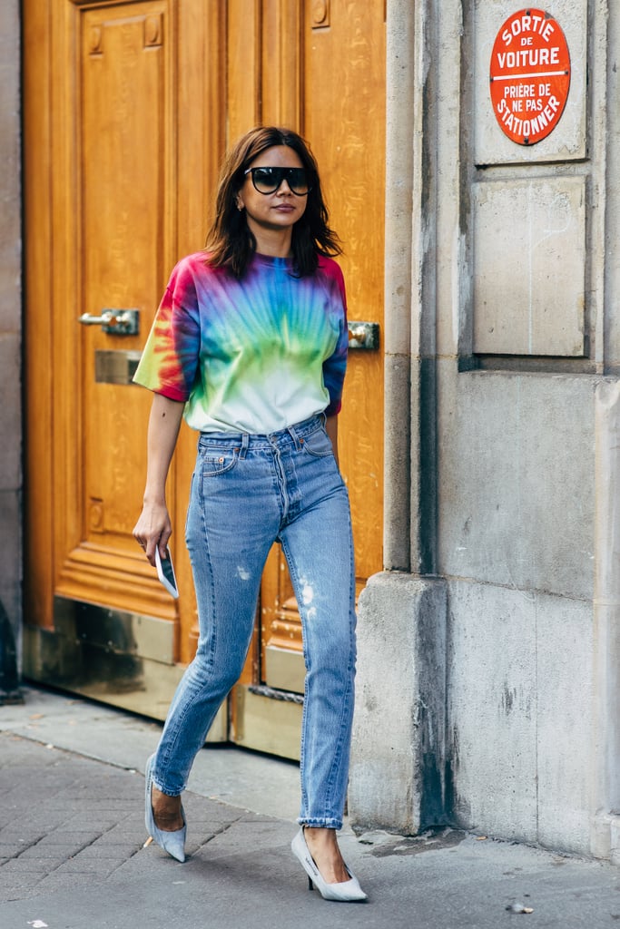 TA tie-dye tee and jeans becomes a real look with the right footwear.