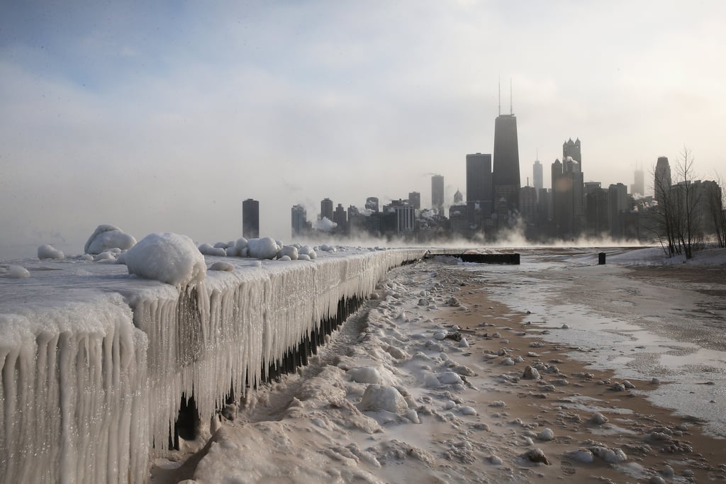 In Chicago, IL, ice built up along the shores of Lake Michigan after several days of subzero temperatures.