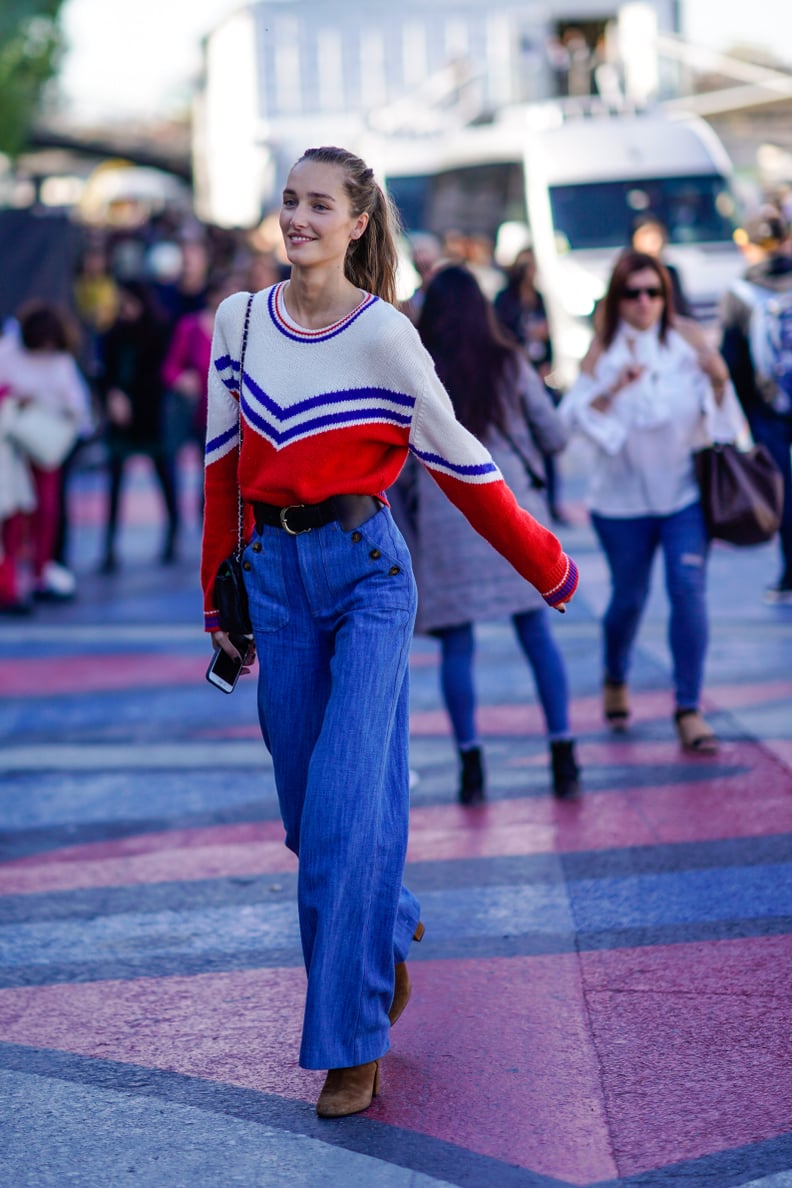 Wear Swingy Denim With a Retro Print Sweater and Chunky Booties For a '70s Look