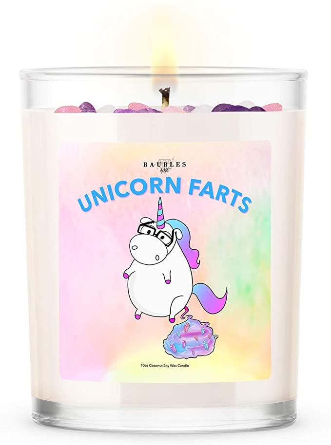 A Humorous Candle: Kate Bissetts Unicorn Farts Candle With Crystal Shart Sprinkles