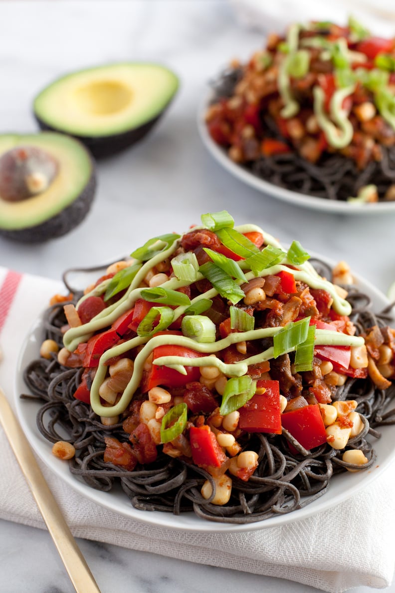 Southwestern Black Bean Spaghetti With Skinny Avocado Crema