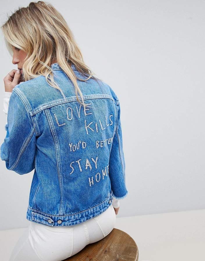 Replay Collarless Denim Jacket with Raw Hem Sleeve and Embroidery