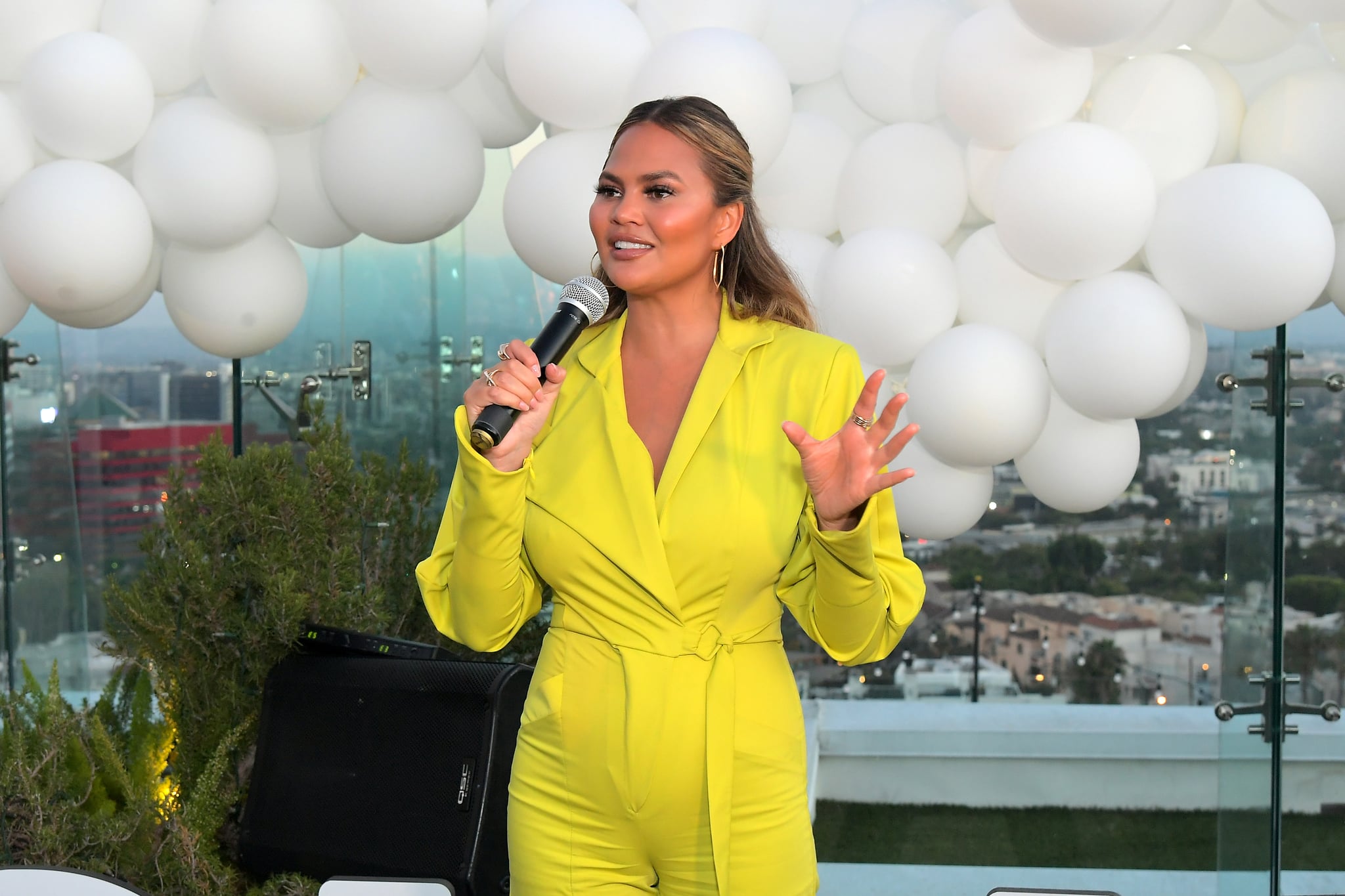 WEST HOLLYWOOD, CALIFORNIA - AUGUST 15: Chrissy Teigen speaks during the Quay x Chrissy Teigen launch event at The London West Hollywood on August 15, 2019 in West Hollywood, California. (Photo by Charley Gallay/Getty Images for Quay Australia)