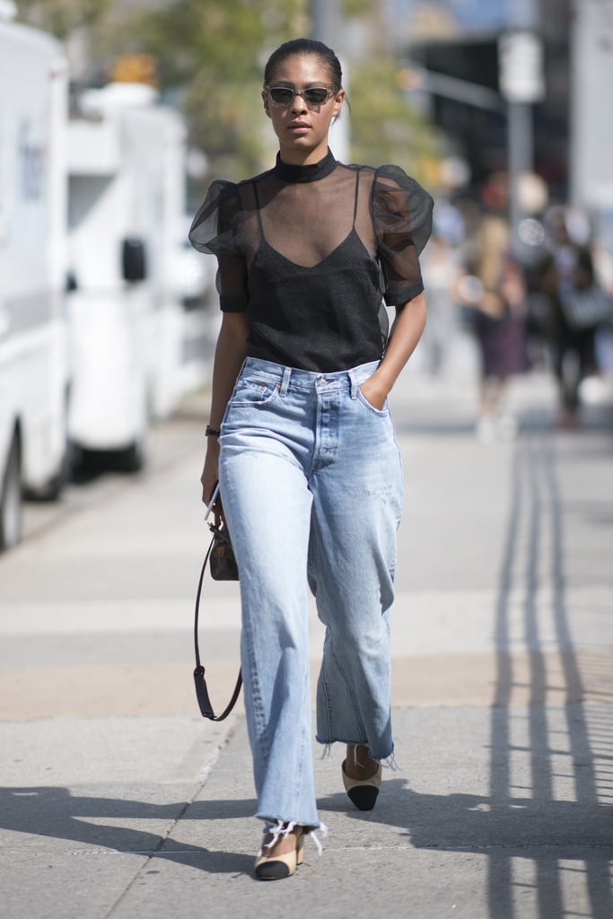 Wear Raggedy Wide-Leg Jeans With a Feminine Slingback