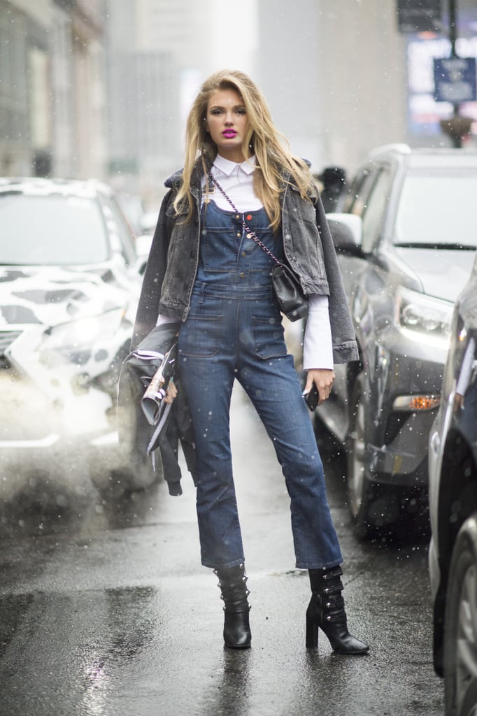 Romee Strijd showing us just how dressed up overalls can be during NYFW.