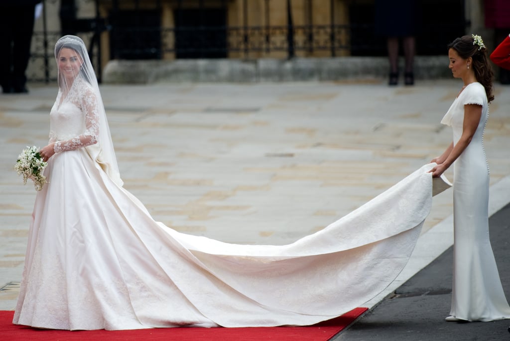 Pippa fulfilled her duties as maid of honor as she helped Kate make her way into Westminster Abbey in April 2011.