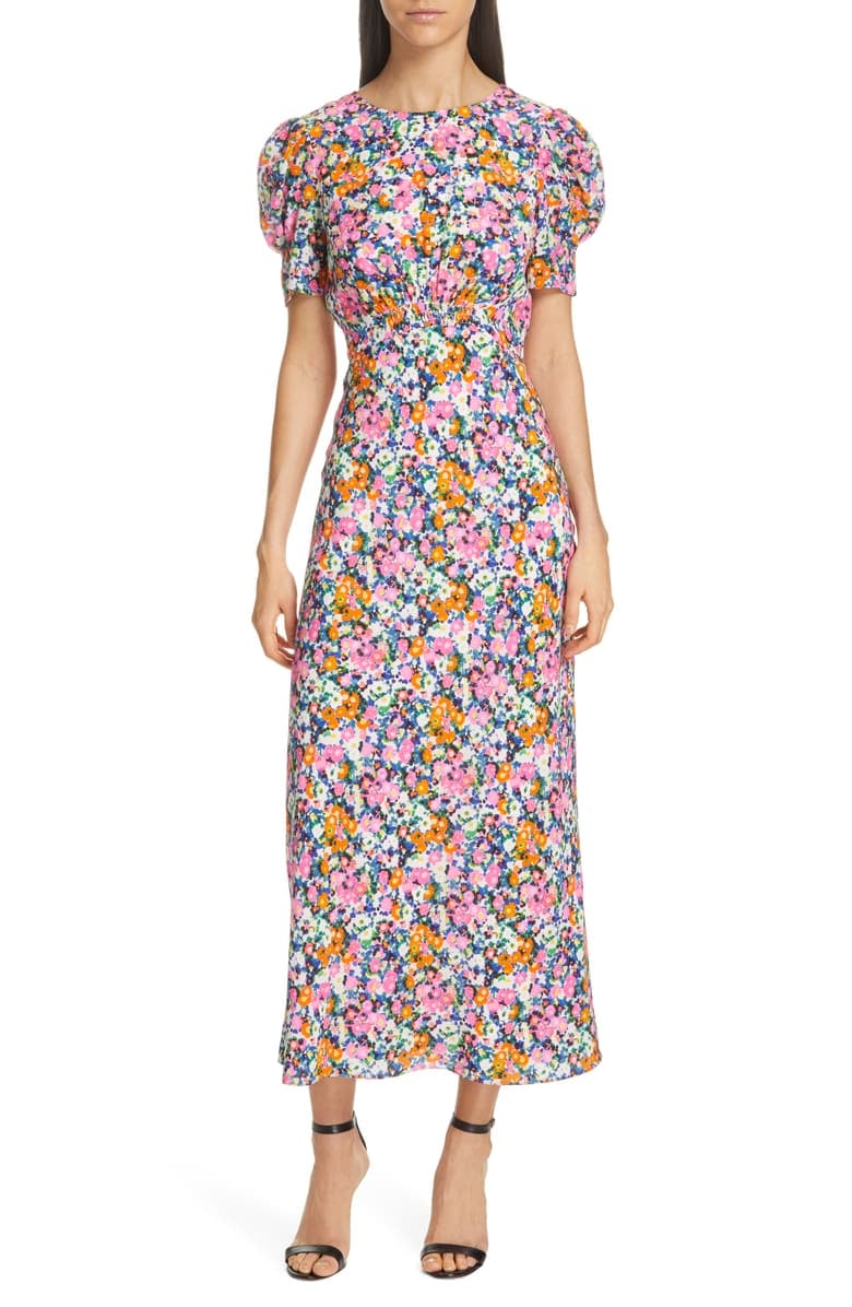 SALONI Bianca Puff Sleeve Silk Midi Dress