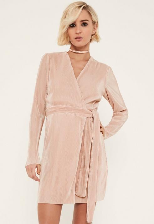 Missguided Pink Pleated Long Sleeve Wrap Dress