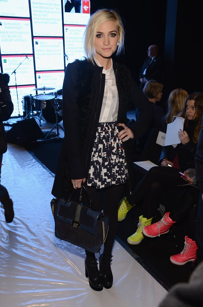 Ashlee Simpson's printed miniskirt added a dash of much-needed print to her otherwise solid ensemble at Rebecca Minkoff.
Ashlee Simpson's printed miniskirt added a dash of much-needed print to her otherwise solid ensemble at Rebecca Minkoff.
