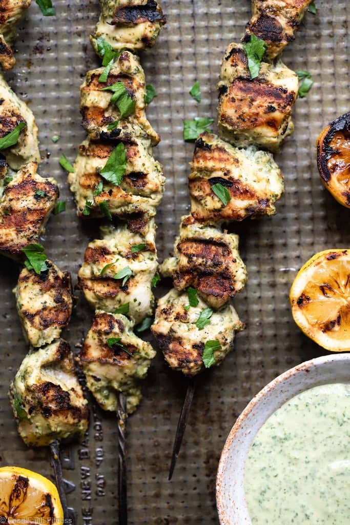 Grilled Herb Hummus Chicken Kebabs