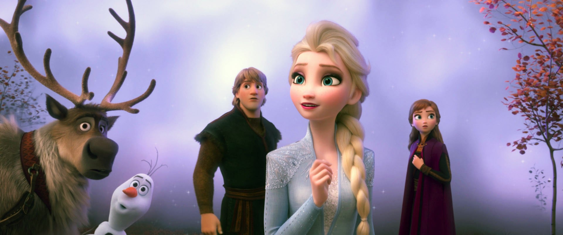 FROZEN II, (aka FROZEN 2), from left: Sven, Olaf (voice: Josh Gad), Kristoff (voice: Jonathan Groff), Elsa (voice: Idina Menzel), Anna (voice: Kristen Bell), 2019.  Walt Disney Studios Motion Pictures / courtesy Everett Collection