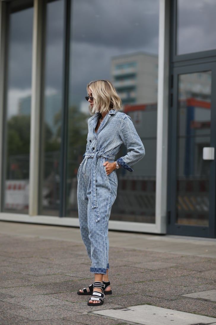 Try a Denim Utility Jumpsuit With Edgy Velcro Sandals How to Wear