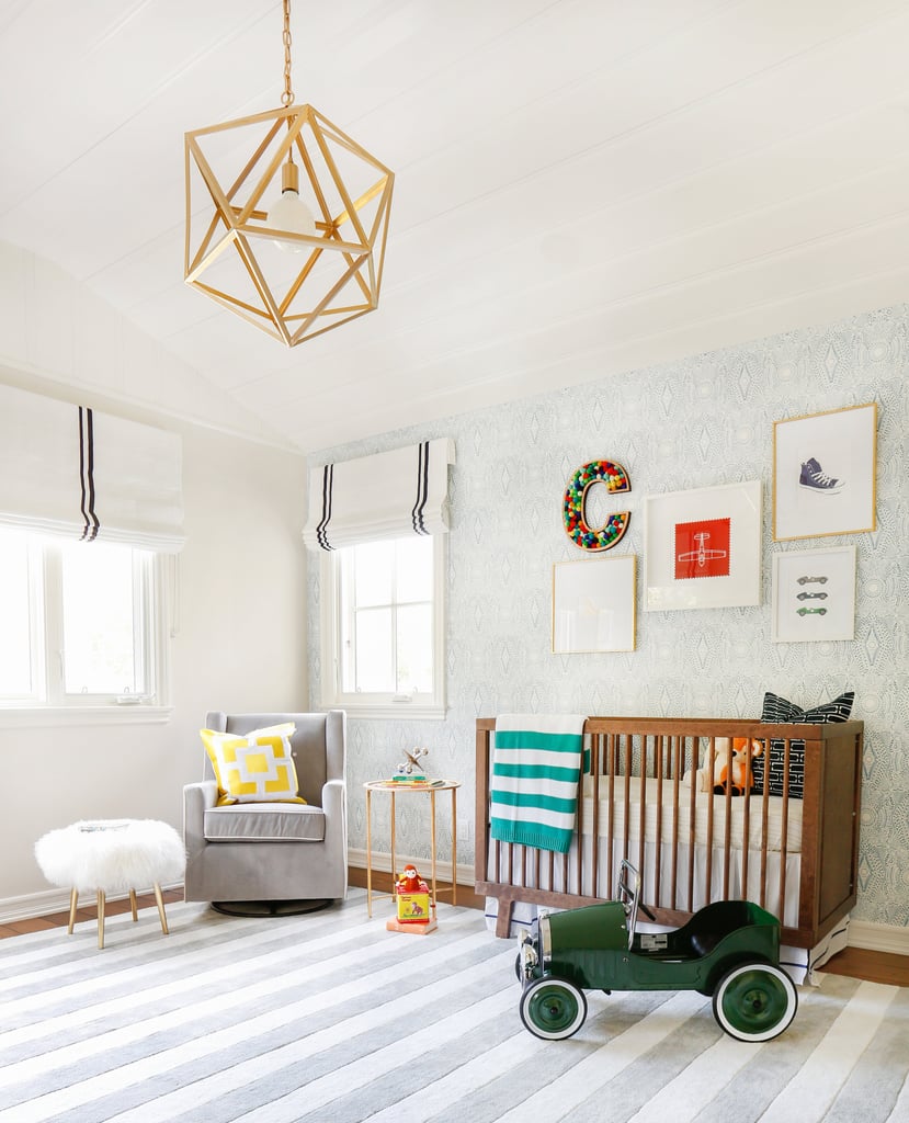 The gorgeous lighting pendant was one of the first pieces the designers sent to Brooke. When the gold version she loved was sold out, they ordered the pendant in black and Brooke spray painted it gold in her garage. Talk about creative problem-solving!