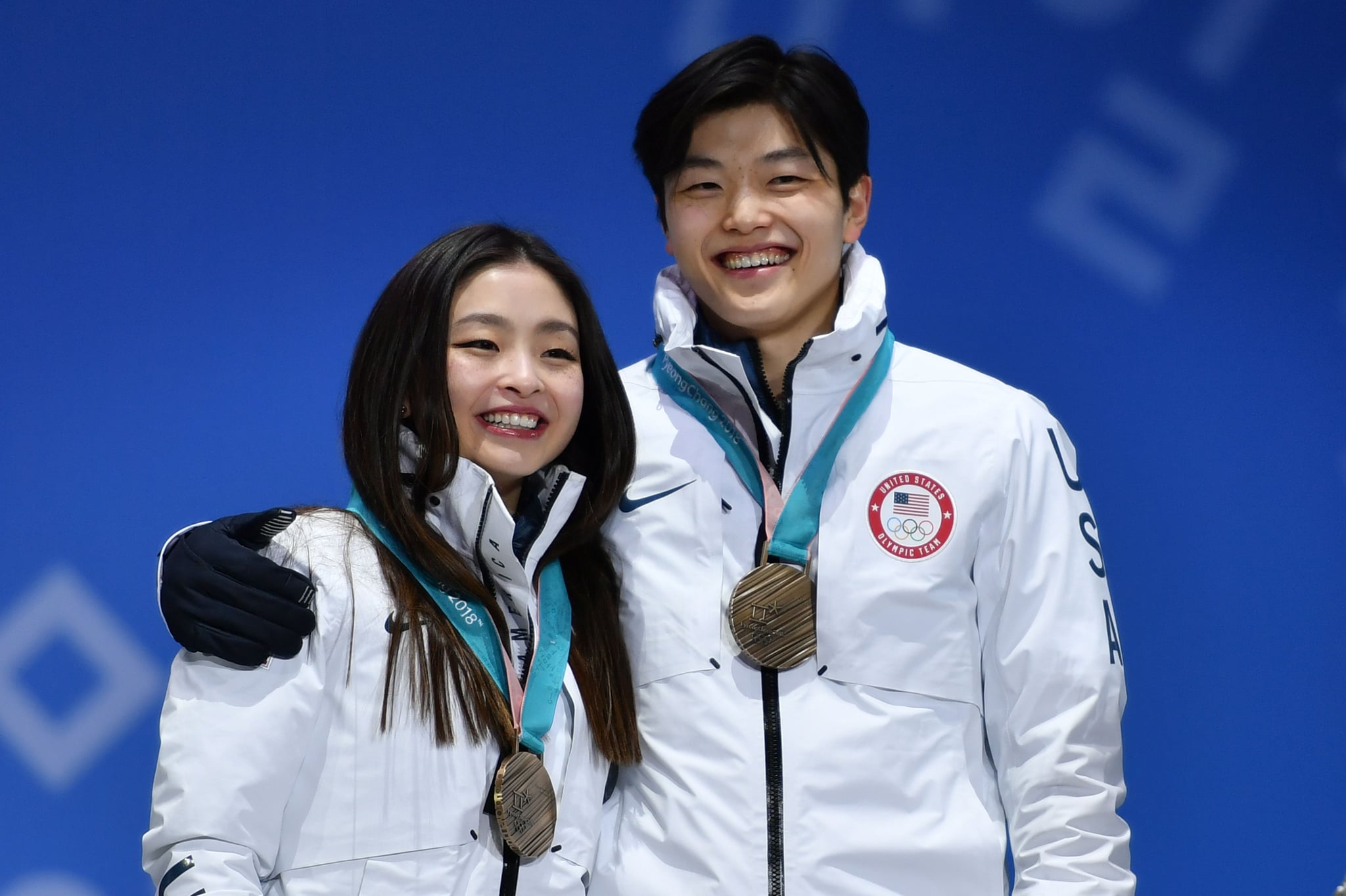USA's bronze medallists Maia Shibutani and Alex Shibutani on the podium during the medal ceremony for the figure skating ice dance at Pyeongchang 2018 Winter Olympic Games.