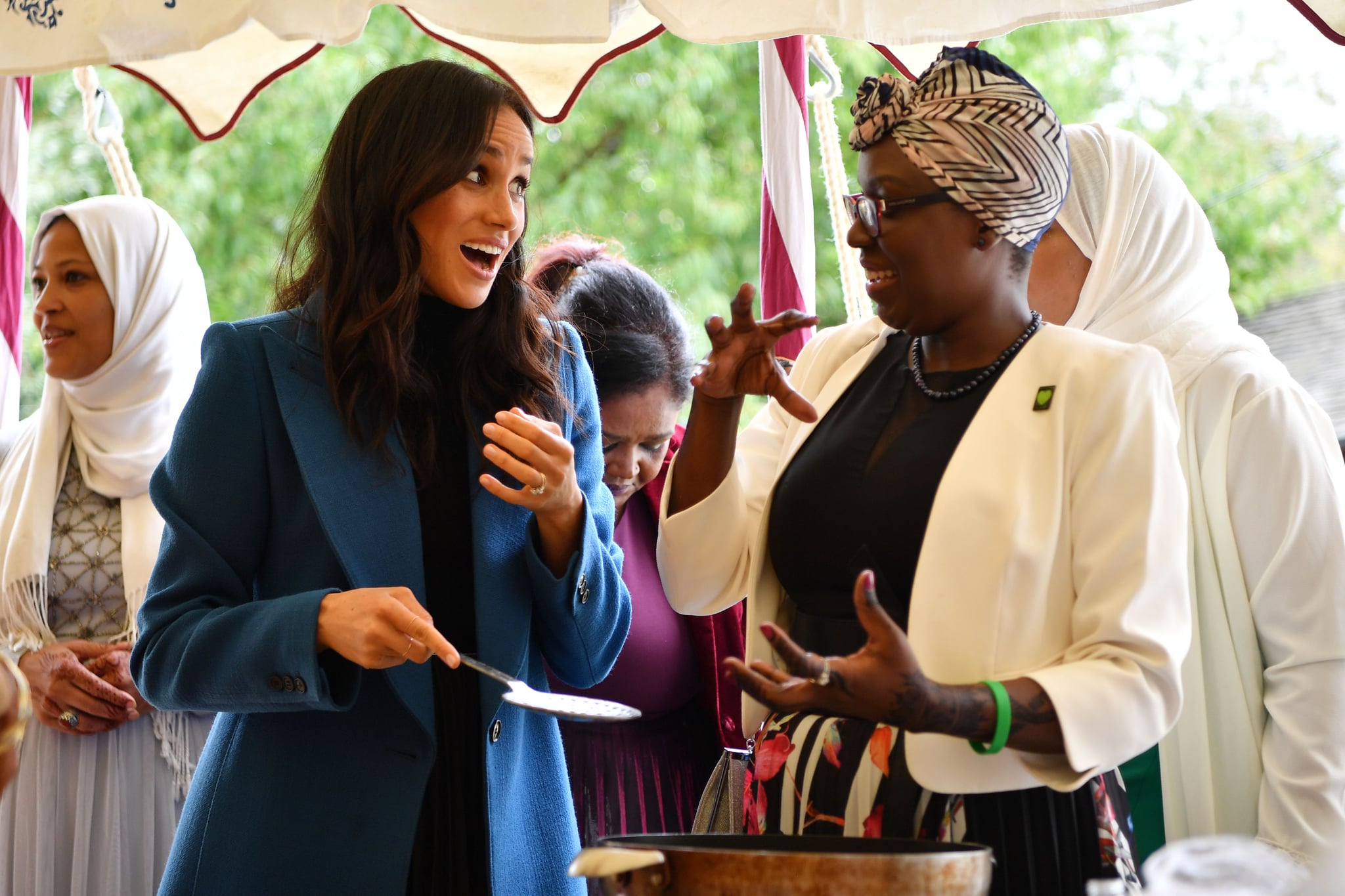 Meghan Markle Blue Coat Cookbook Party Popsugar Fashion
