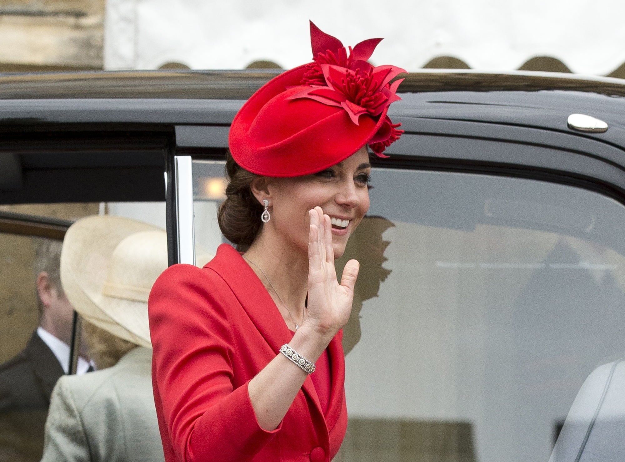 Kate Middleton at Order of the Garter 2016 wearing red Catherine Walker  coat dress