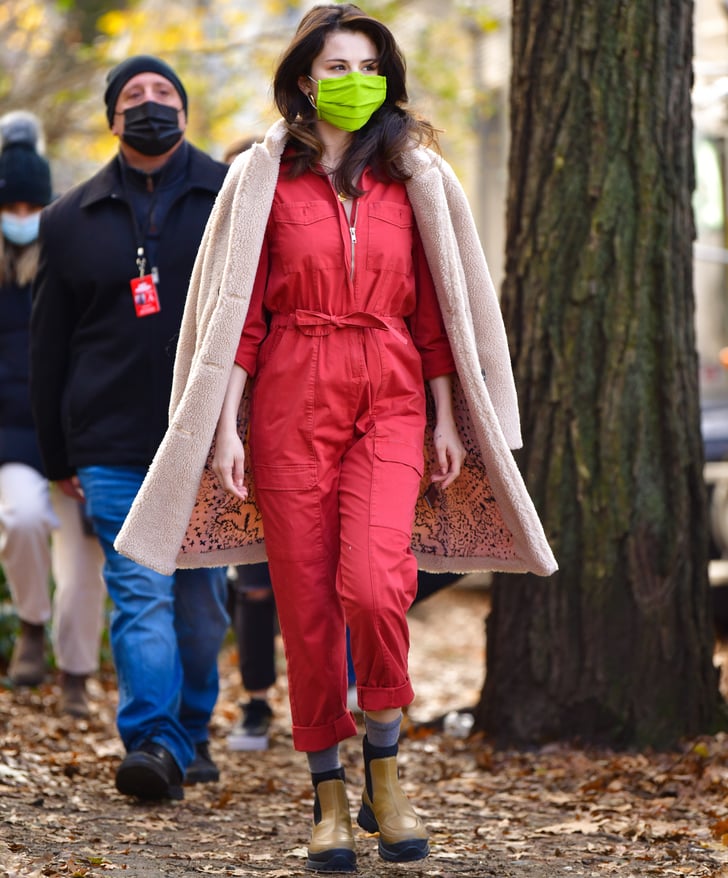 Selena Gomez Wears a Red Utility Jumpsuit on Set in New York